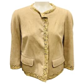 Beige Wildlederziegenlederjacke von Dolce & Gabbana mit Spitzenbesatz Kamel