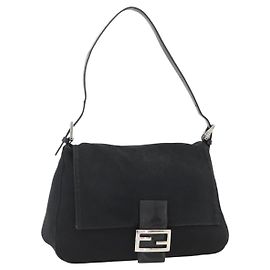 FENDI Mamma Baguette Shoulder Bag Nylon Black Silver Auth LNZ973 Black Silvery