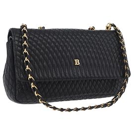 BALLY Bolso de Hombro de Cuero Acolchado con Cadena Negro Oro Auth 160785 Negro Dorado