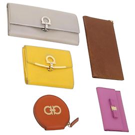 Salvatore Ferragamo Valla Gancini Cuir 5 Set Rose Marron Jaune Auth LNZ180 Marron Rose Jaune