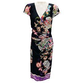 Vestido midi de seda estampado paisley e floral preto multicolorido Etro Preto