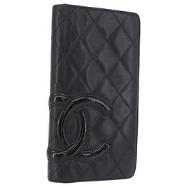 CHANEL Cartera Larga Matelassé Cambon de Cuero Negro Plata CC Auth 168830 Negro Plata