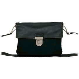 Prada Triangle Logo Leather Tessuto Nylon Shoulder Bag Black