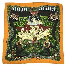 Lenço de seda Carre 90 da Hermès Preto Laranja Amarelo