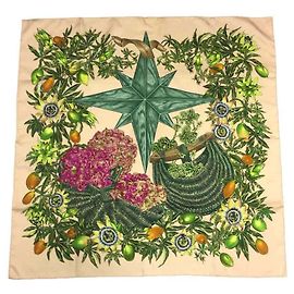 Sciarpa Hermès Carré 90 - Design Passiflores Rosa Beige Verde