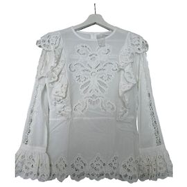 Anne Fontaine Blusa bianca in cotone con ricami e volant Bianco