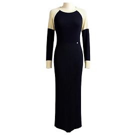 CHANEL 2019 MAXI NOIR CRÈME ROBE EN LAINE TAILLE FR 44 Noir Blanc Écru