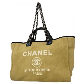 Chanel Deauville Canvas Chain Tote Bag Black Beige