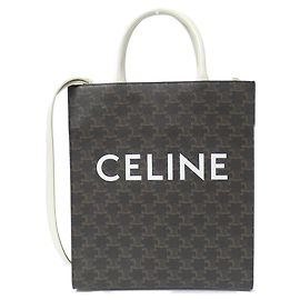 Céline Bolsa Cabas Triomphe Pequena Vertical em Lona e Couro de Bezerro Celine Branco