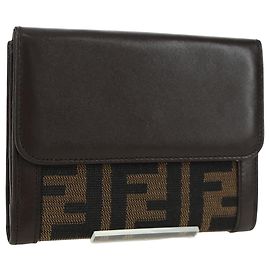 FENDI Zucca Canvas Trifold Wallet Black Brown Auth am11005V Brown Black