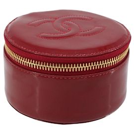 CHANEL COCO Mark Jewelry Case Patent leather Red Gold CC Auth LNZ684V Red Golden