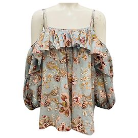 Zimmermann Slate Blue Multi Floral and Paisley Printed Cold Shoulder Cotton Top Blue