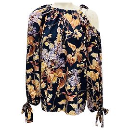 Zimmermann Navy Blue Multi Floral Printed Cold Shoulder Silk Top Navy blue