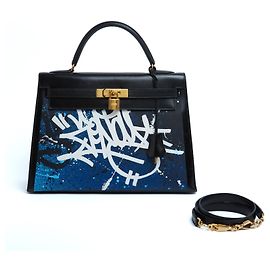 Hermès 1989 Zenoï Kelly 32 Sellier Black Leather Graffiti Hermes Bag with strap Noir