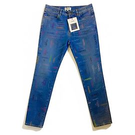 CHANEL 22P Jeans de denim azul e multicolorido com estampa de logo FR 40 Azul Multicor