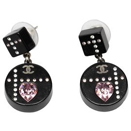 Chanel Black Resin CC Dice and Heart Crystal Drop Push Back Earrings Black