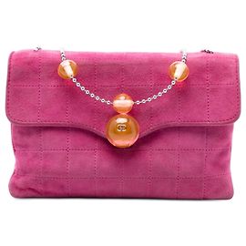 Chanel Rosa CC Choco Bar Camurça Corrente de Pérolas Flap Rosa Outro