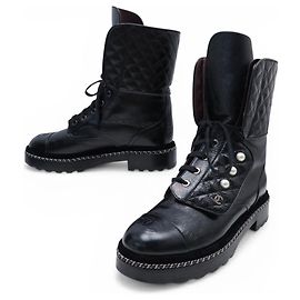 NEW CHANEL COMBAT BOOTS G33185 39 IN QUILTED LEATHER Black
