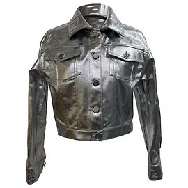 Fendi Cropped Denim Jacket in Metallic Silver Cotton Silvery Metallic