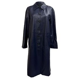 Prada Single-Breasted Coat with Pockets in Black Lamb Leather Blue Navy blue