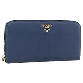 PRADA Long Wallet Safiano leather Navy Gold Auth fm5265 Golden Navy blue