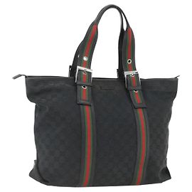 GUCCI GG Canvas Web Sherry Line Tote Bag Black Silver 132898 Auth mr2181 Black Silvery