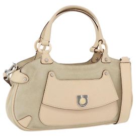 Salvatore Ferragamo Hand Bag Suede 2way Beige Silver Auth BA11445 Silvery Beige