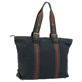 GUCCI GG Canvas Web Sherry Line Tote Bag Black 132898 Auth 170944 Black