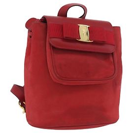 Salvatore Ferragamo Vala Backpack Suede Red Gold Auth BA11218 Red Golden