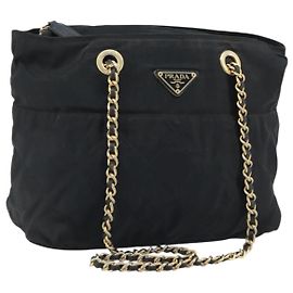 Bolsa de Ombro com Corrente Prada em Nylon Dourado Preto Auth bs34054 Preto Dourado