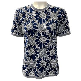 Chanel Navy Blau / Weiß Floral Strickoberteil Blau