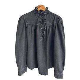 Ba&Sh Black Denim Shirt with Ruffled Collar Black