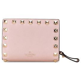 Carteira bifold de couro Valentino Rockstuds Rosa