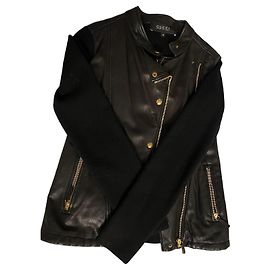 Gucci Lederjacke Schwarz mit Wollärmeln Schwarz