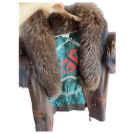 Autre Marque Brown leather jacket with fur collar Brown