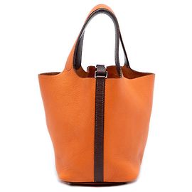 Hermès Picotin 18 Bicolor Laranja em Clemence Outro Castanho escuro
