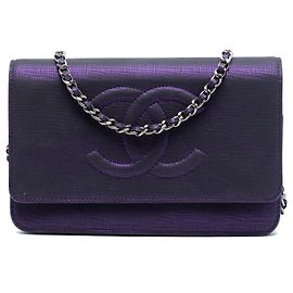 Chanel Purple CC Metallic Crackling Lizard Printed Leather Wallet on Chain Purple