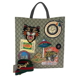 Gucci Courrier Embroidery GG Supreme Canvas Tote Bag Brown Beige