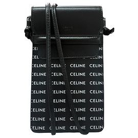 Céline Celine Logo Print Leather Mobile Shoulder Bag Black