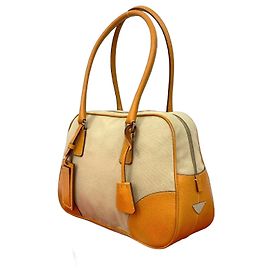 Prada Triangle Logo Canvas Leather 2way Tote Bag Brown Beige