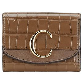 Chloé Chloe Croco Embossed Leather Trifold Wallet Brown