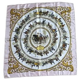 Hermès Silk Scarf La Promenade de Longchamps Brown Pink White Golden Other