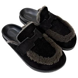 Hermès Go black suede shearling mules 40 Black