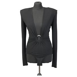 Alexandre Vauthier Schwarzer Jersey Bodysuit mit V-Ausschnitt und Ring Schwarz