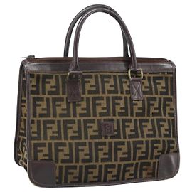 FENDI Zucca Canvas Hand Bag Black Brown Auth ep13687 Brown Black