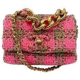 Bolsa pequena de flap em tweed de lã matelassado Chanel rosa / bege 2022 com hardware dourado Rosa