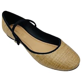 Christian Dior Natural / Preto Lovely-D Ráfia Sapatilhas Ballerina Mary Jane com Alça Camelo