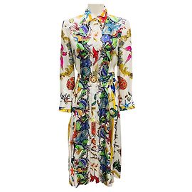 Versace White Multi Shell Print Silk Midi Dress Multiple colors