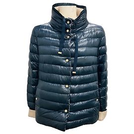 Herno Navy Blue / Beige Reversible Quilted Lightweight Nylon Down High Neck Padded Bubble Jacket Navy blue