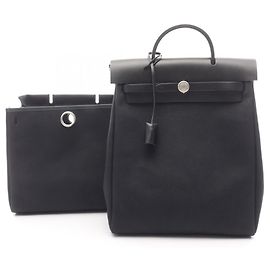 Hermès Hermes Herbag Ad PM Backpack/Handbag, Canvas/Leather, Toile Officier, Vache Hunter, Women's, Black, Black